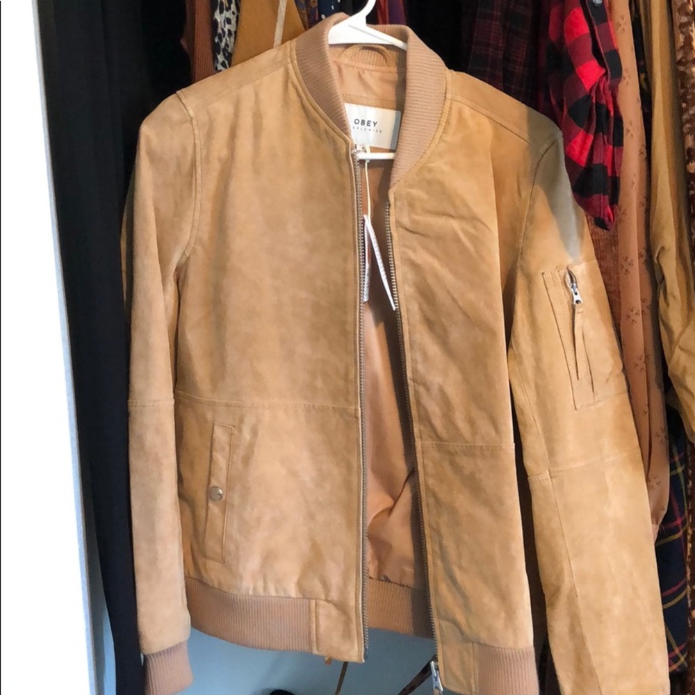 Obey genuine leather suede tan coach’s jacket
